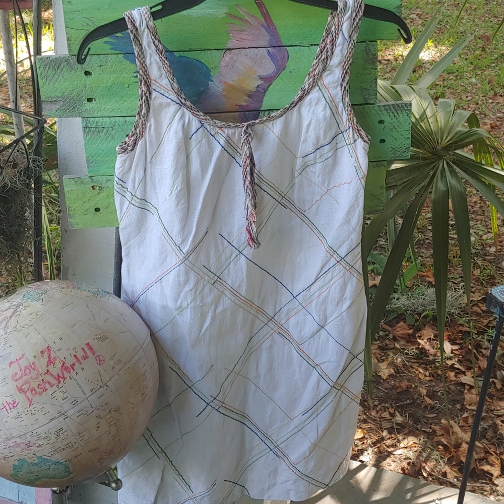 Moschino linen shift dress with rainbow stitching.